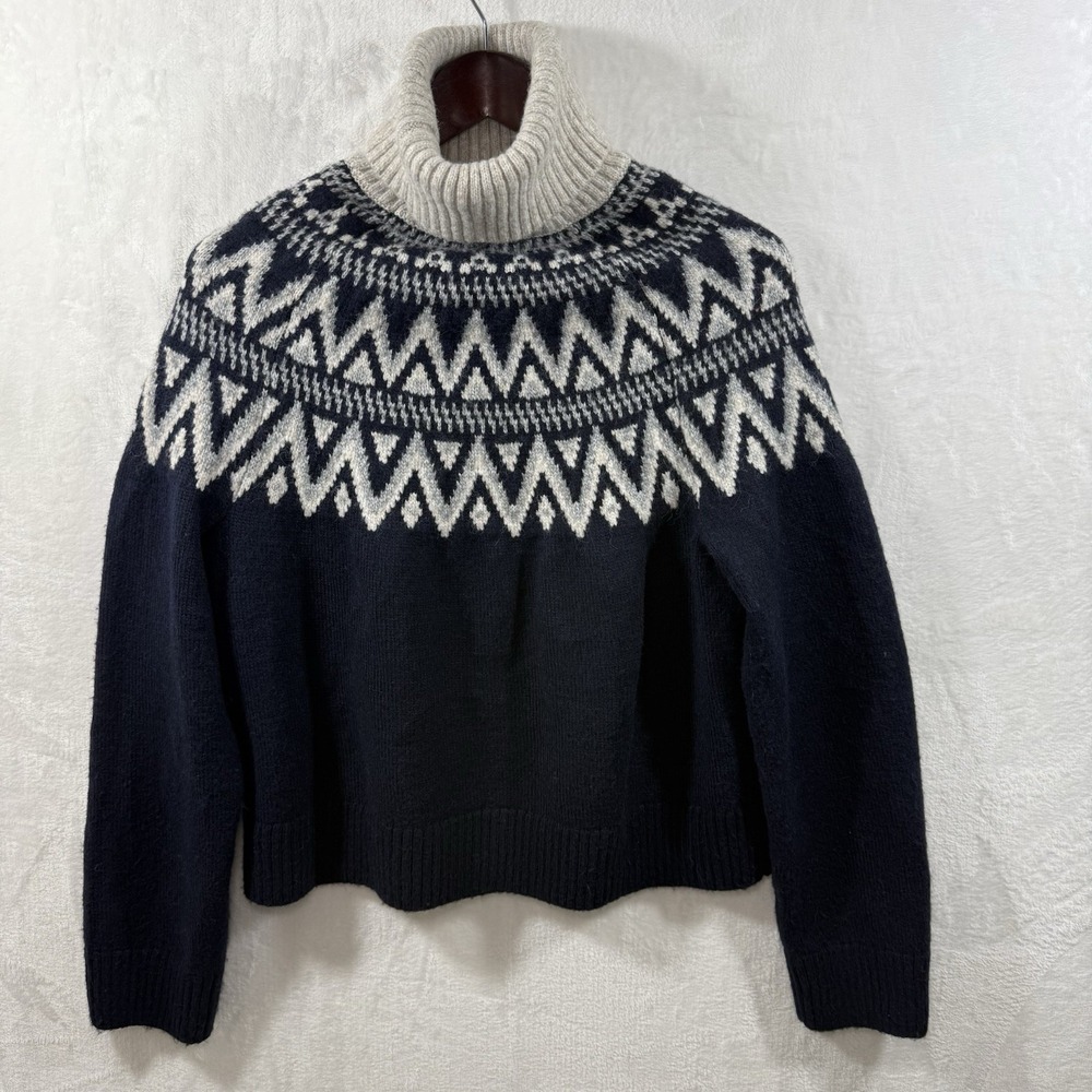 HM‎ Womens Navy Blue Fair Isle Turtleneck Sweater Geometric Knit Wool Blend S